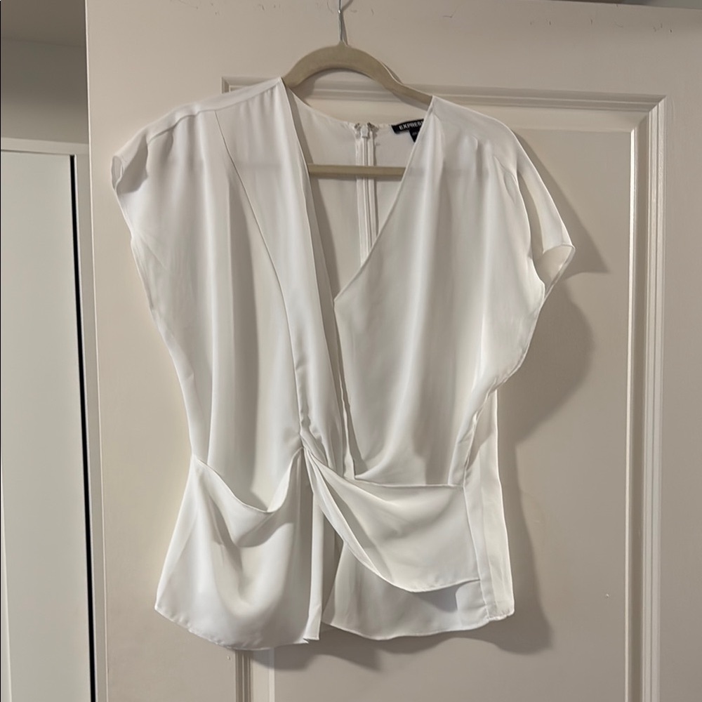 Express White V-neck asymmetrical wrap blouse with cap sleeves